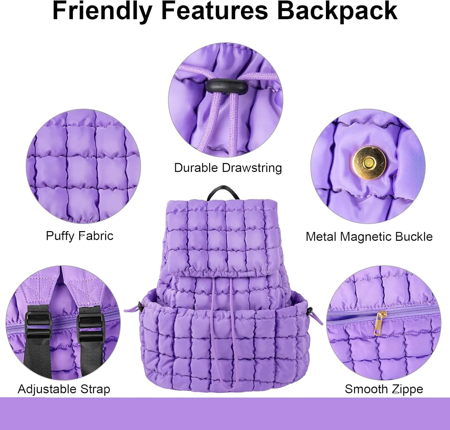 XSUIOY Quilted Backpack Purse for Women Small Lightweight Puffer Puffy College Laptop Backpack Nylon Casual Bookbag Daypack Top Flap Drawstring Padding Hiker Travel Gym Backpack(Purple)