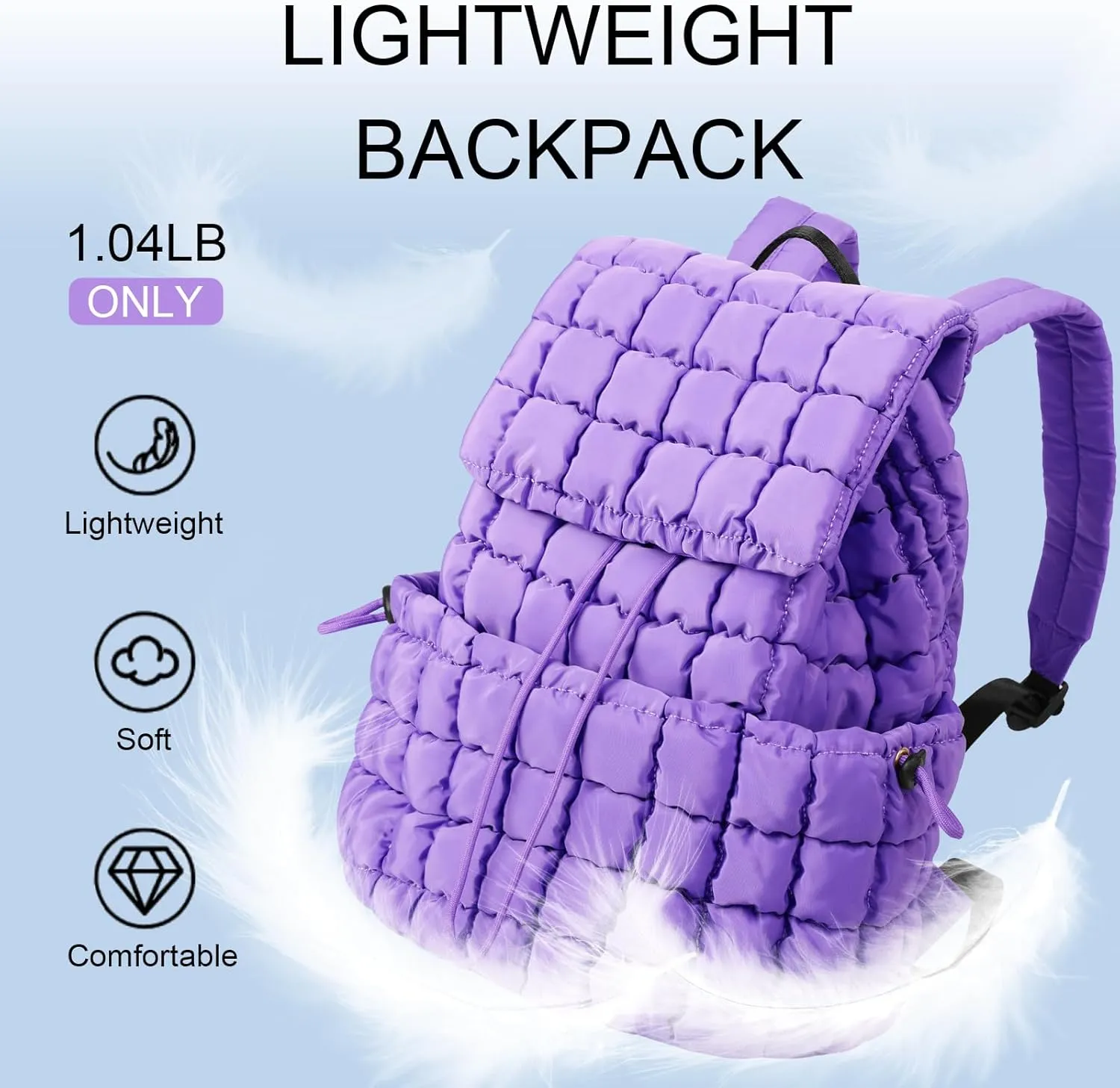 XSUIOY Quilted Backpack Purse for Women Small Lightweight Puffer Puffy College Laptop Backpack Nylon Casual Bookbag Daypack Top Flap Drawstring Padding Hiker Travel Gym Backpack(Purple)