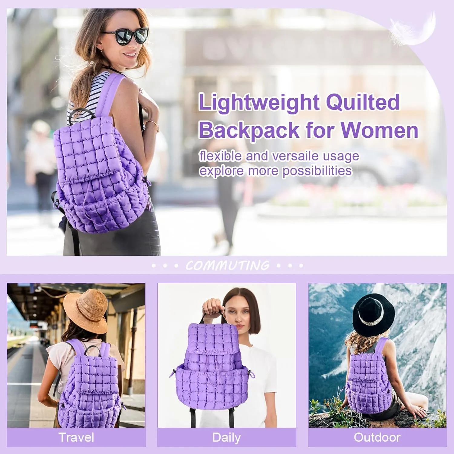 XSUIOY Quilted Backpack Purse for Women Small Lightweight Puffer Puffy College Laptop Backpack Nylon Casual Bookbag Daypack Top Flap Drawstring Padding Hiker Travel Gym Backpack(Purple)