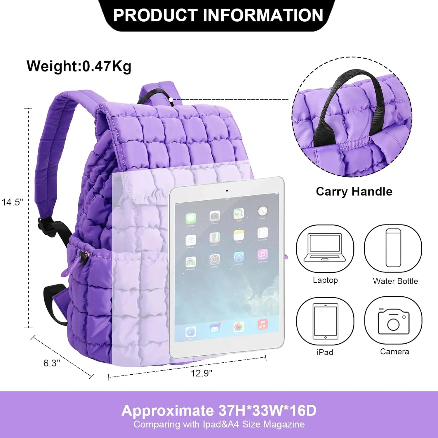 XSUIOY Quilted Backpack Purse for Women Small Lightweight Puffer Puffy College Laptop Backpack Nylon Casual Bookbag Daypack Top Flap Drawstring Padding Hiker Travel Gym Backpack(Purple)