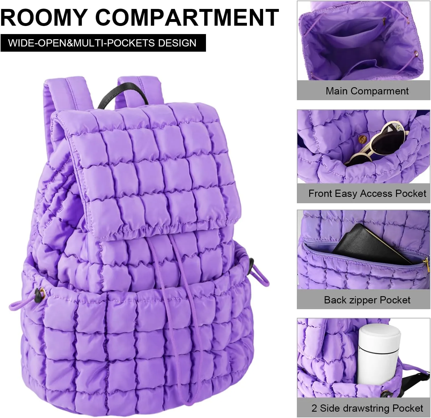XSUIOY Quilted Backpack Purse for Women Small Lightweight Puffer Puffy College Laptop Backpack Nylon Casual Bookbag Daypack Top Flap Drawstring Padding Hiker Travel Gym Backpack(Purple)