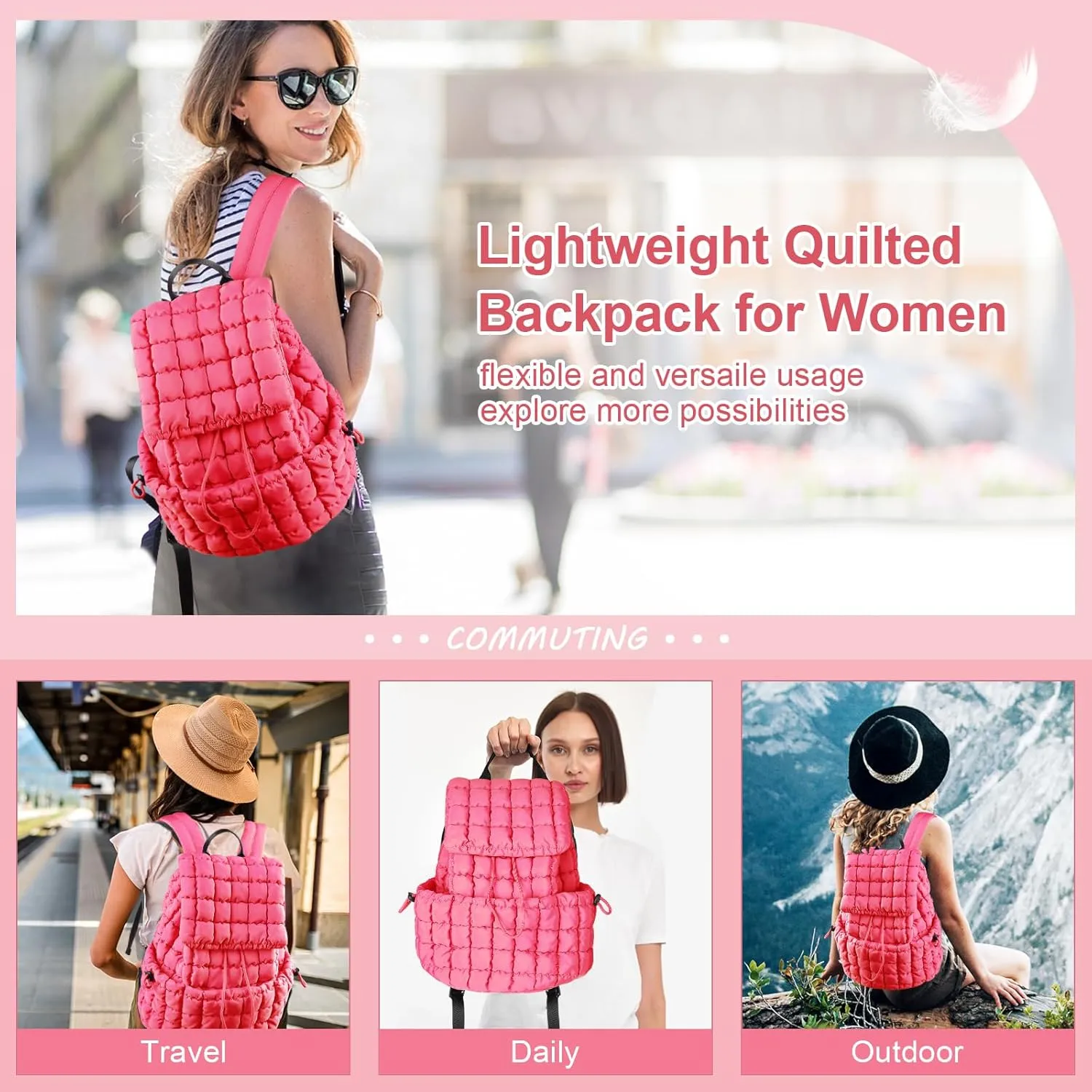 XSUIOY Quilted Backpack Purse for Women Small Lightweight Puffer Puffy College Laptop Backpack Nylon Casual Bookbag Daypack Top Flap Drawstring Padding Hiker Travel Gym Backpack(Rosered)