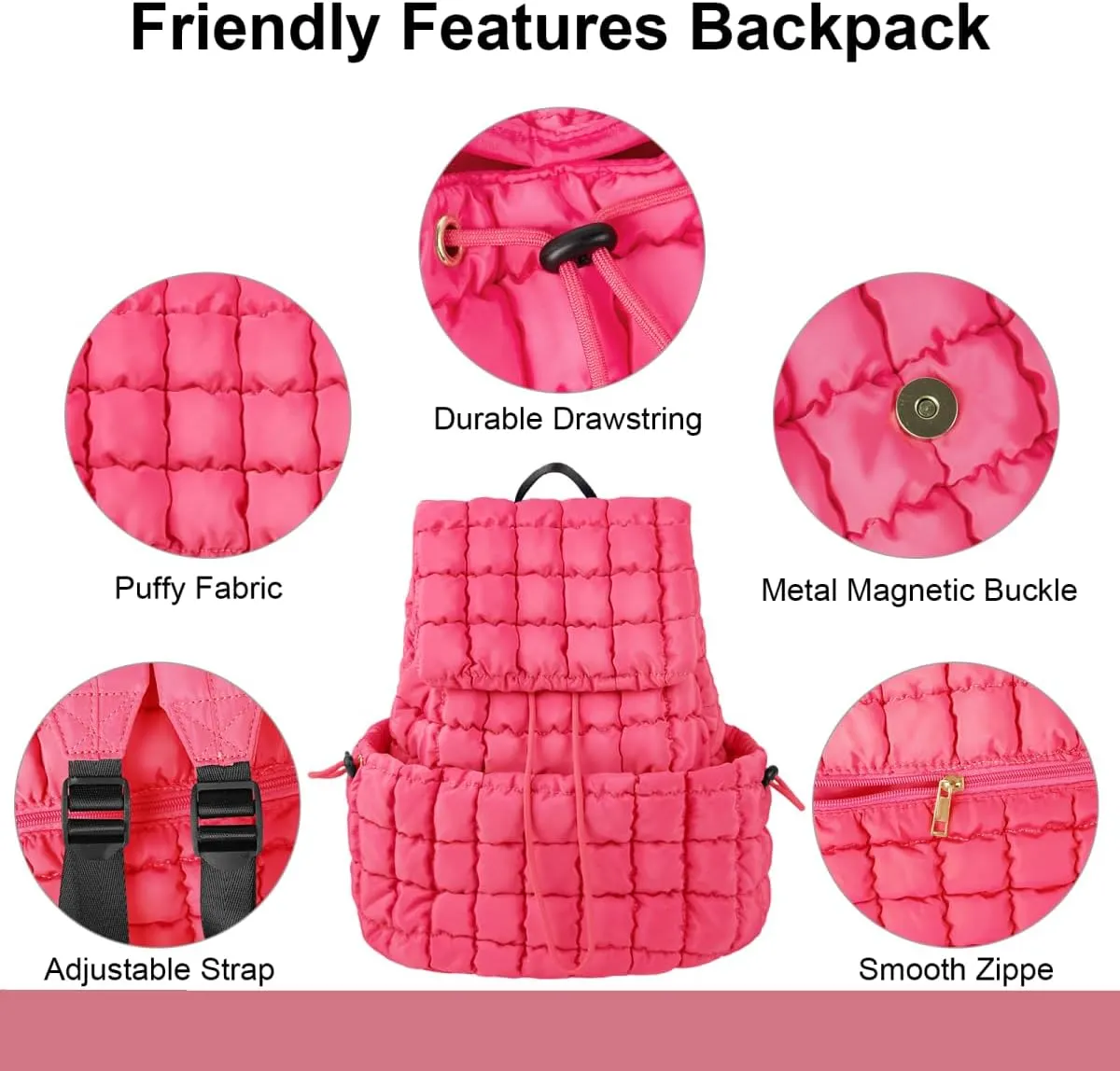 XSUIOY Quilted Backpack Purse for Women Small Lightweight Puffer Puffy College Laptop Backpack Nylon Casual Bookbag Daypack Top Flap Drawstring Padding Hiker Travel Gym Backpack(Rosered)