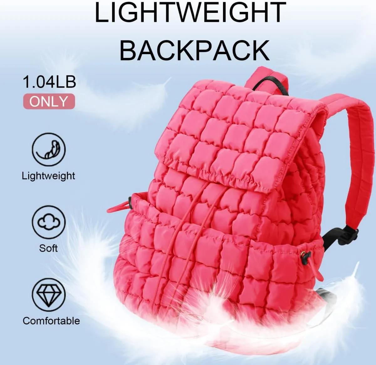 XSUIOY Quilted Backpack Purse for Women Small Lightweight Puffer Puffy College Laptop Backpack Nylon Casual Bookbag Daypack Top Flap Drawstring Padding Hiker Travel Gym Backpack(Rosered)