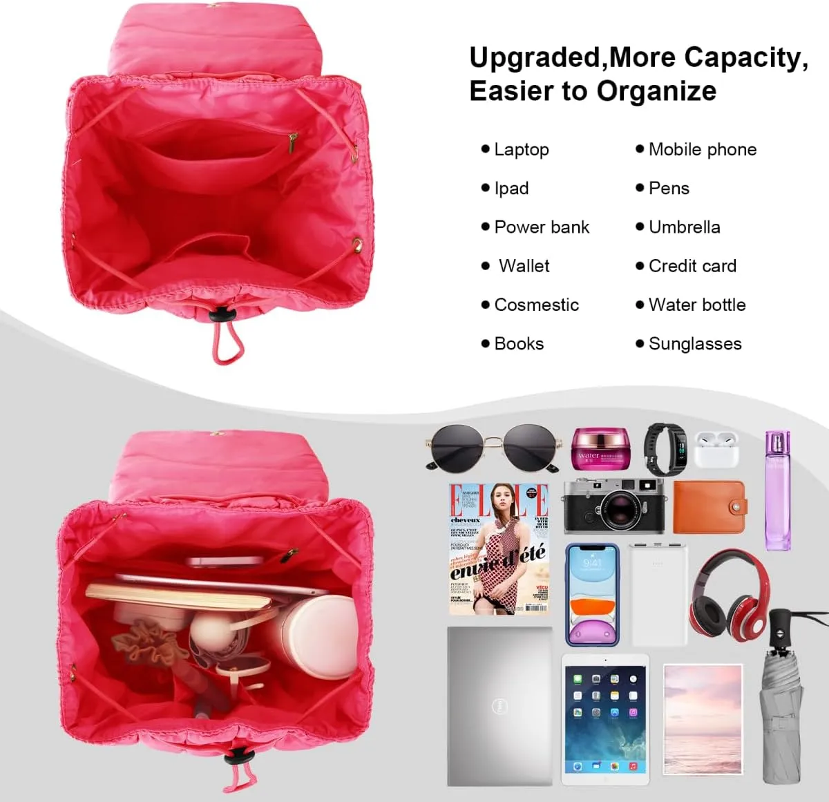 XSUIOY Quilted Backpack Purse for Women Small Lightweight Puffer Puffy College Laptop Backpack Nylon Casual Bookbag Daypack Top Flap Drawstring Padding Hiker Travel Gym Backpack(Rosered)