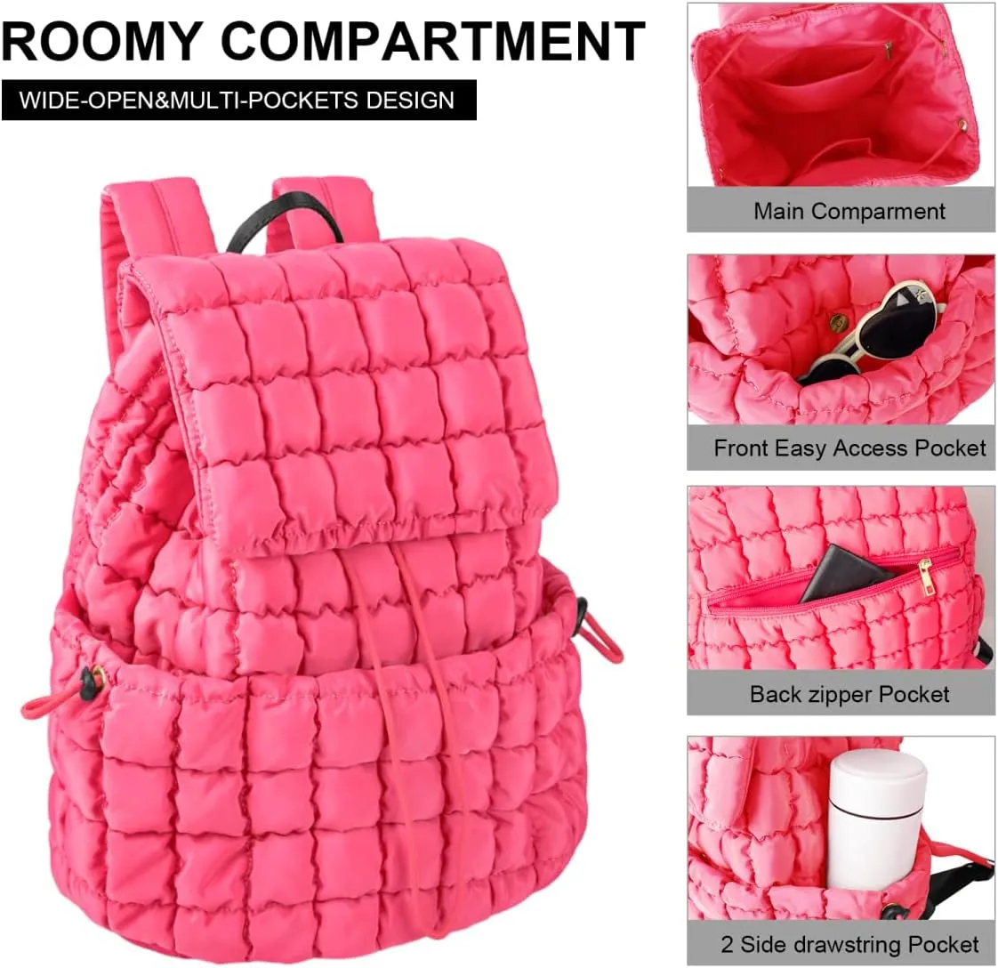 XSUIOY Quilted Backpack Purse for Women Small Lightweight Puffer Puffy College Laptop Backpack Nylon Casual Bookbag Daypack Top Flap Drawstring Padding Hiker Travel Gym Backpack(Rosered)