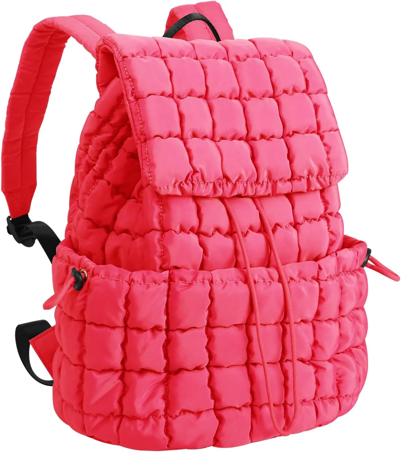 XSUIOY Quilted Backpack Purse for Women Small Lightweight Puffer Puffy College Laptop Backpack Nylon Casual Bookbag Daypack Top Flap Drawstring Padding Hiker Travel Gym Backpack(Rosered)