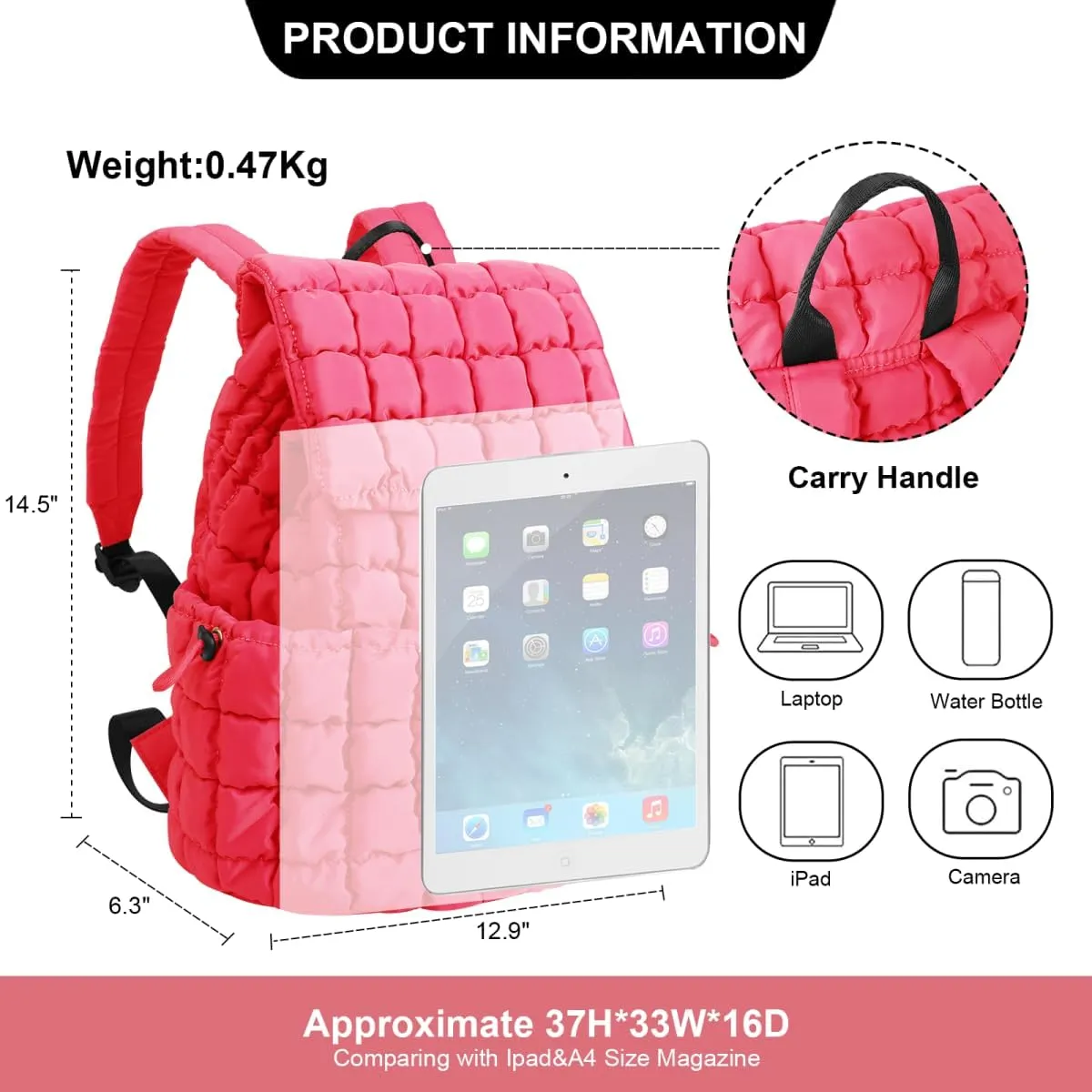 XSUIOY Quilted Backpack Purse for Women Small Lightweight Puffer Puffy College Laptop Backpack Nylon Casual Bookbag Daypack Top Flap Drawstring Padding Hiker Travel Gym Backpack(Rosered)