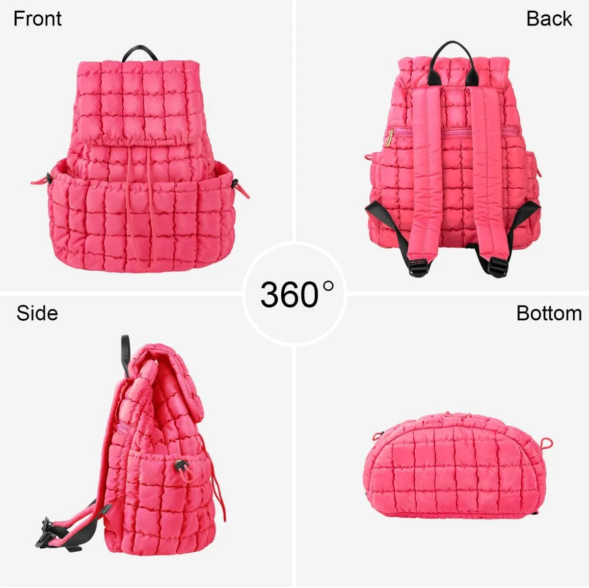 XSUIOY Quilted Backpack Purse for Women Small Lightweight Puffer Puffy College Laptop Backpack Nylon Casual Bookbag Daypack Top Flap Drawstring Padding Hiker Travel Gym Backpack(Rosered)