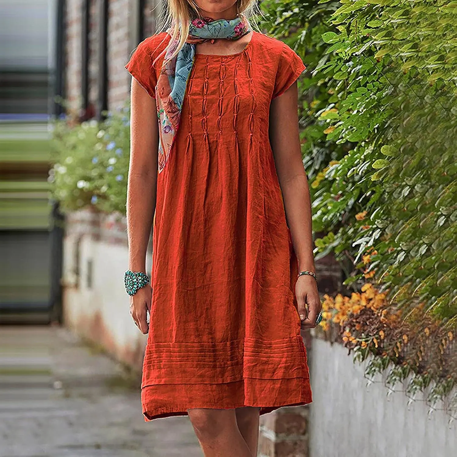XUNRYAN Summer Dresses for Women 2024 Casual Short Sleeve Cotton Linen Midi Dress Knee Length High Waist Loose Beach Sundress