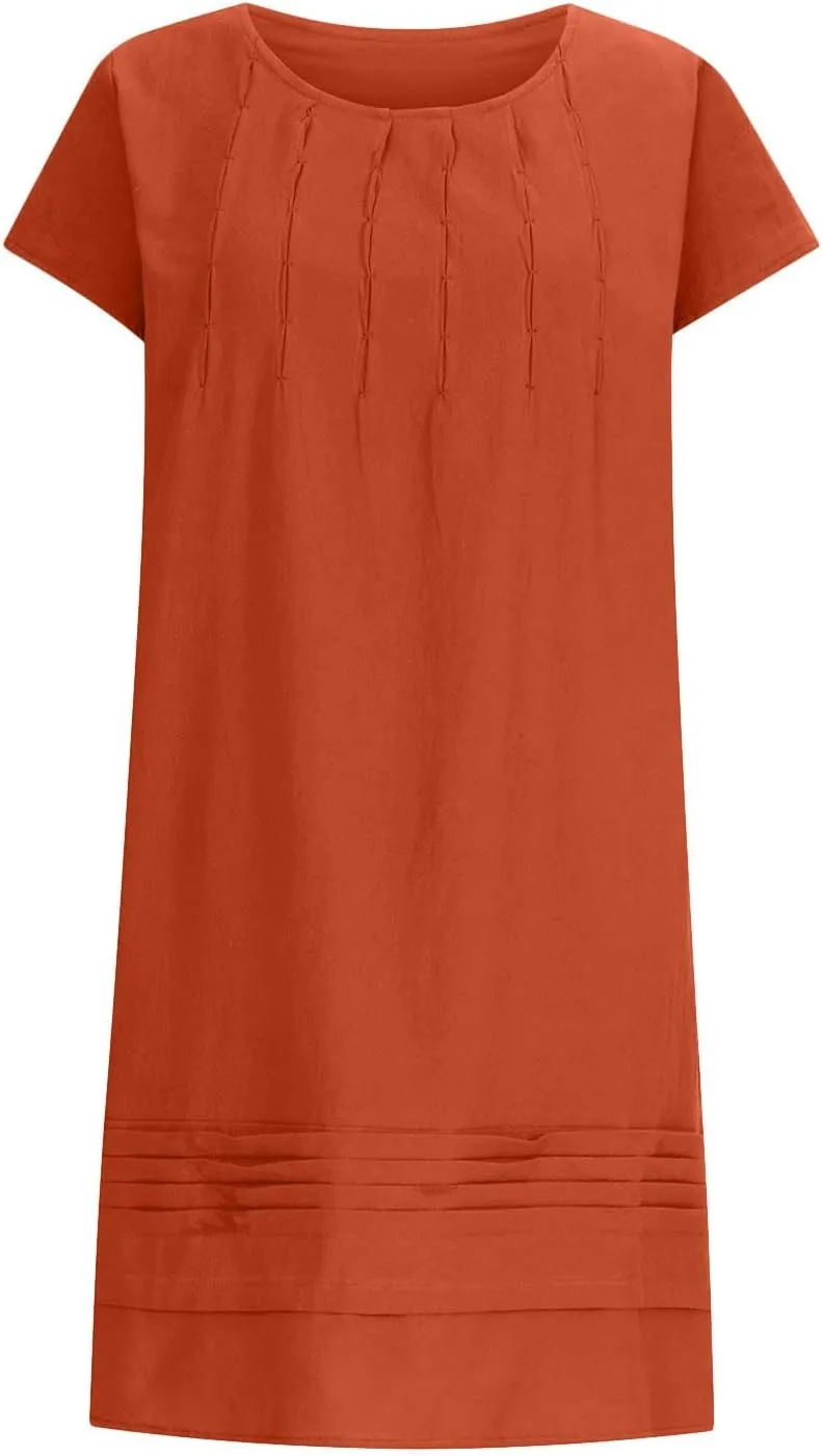 XUNRYAN Summer Dresses for Women 2024 Casual Short Sleeve Cotton Linen Midi Dress Knee Length High Waist Loose Beach Sundress