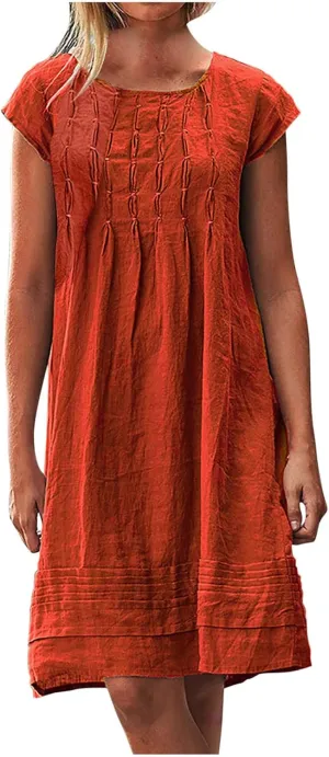 XUNRYAN Summer Dresses for Women 2024 Casual Short Sleeve Cotton Linen Midi Dress Knee Length High Waist Loose Beach Sundress