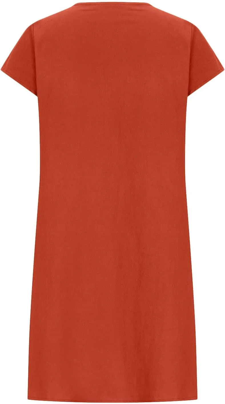 XUNRYAN Summer Dresses for Women 2024 Casual Short Sleeve Cotton Linen Midi Dress Knee Length High Waist Loose Beach Sundress