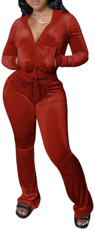 Yeshire Womens 2 Piece Outfits Velvet Sweatsuits Zip-up Hoodie Jacket Casual Jogging Set Tracksuit Set with Pockets