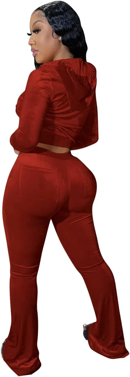 Yeshire Womens 2 Piece Outfits Velvet Sweatsuits Zip-up Hoodie Jacket Casual Jogging Set Tracksuit Set with Pockets