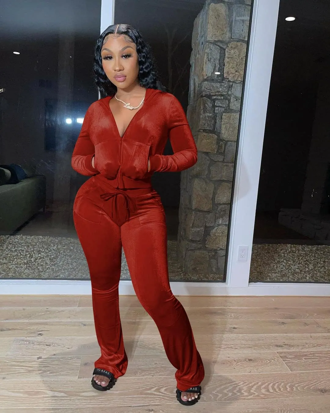 Yeshire Womens 2 Piece Outfits Velvet Sweatsuits Zip-up Hoodie Jacket Casual Jogging Set Tracksuit Set with Pockets