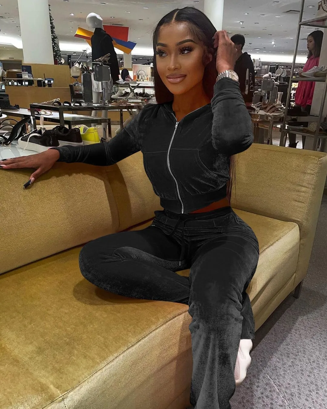 yidengymx Womens Velour Tracksuit Two Piece Outfits for Women Long Sleeve Hooded Zip Crop Tops Flared Pants Set