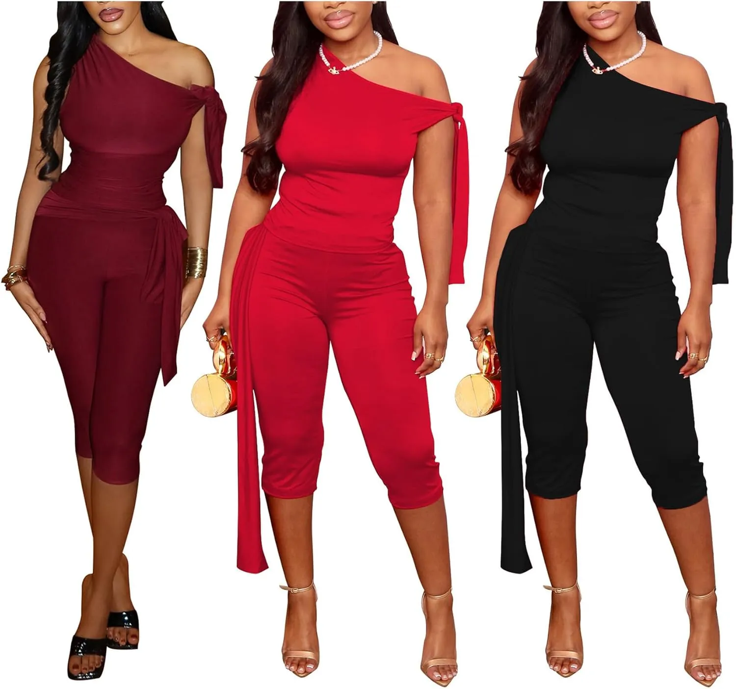 YOOTIKO Womens Summer 2 Piece Outfits Sexy Off Shoulder Top Capri Pants Set Jumpsuit Party Clubwear