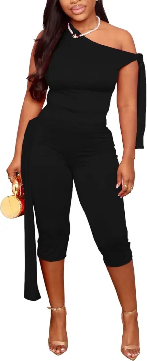YOOTIKO Womens Summer 2 Piece Outfits Sexy Off Shoulder Top Capri Pants Set Jumpsuit Party Clubwear