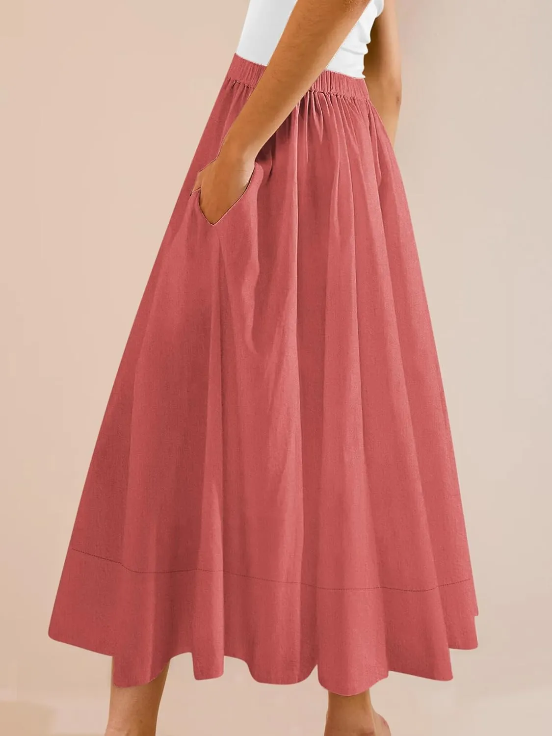 Yousify Womens A-Line Midi Skirts Casual Elastic High Waist Flowy Swing Pleated Beach Boho Long Skirt with Pocket