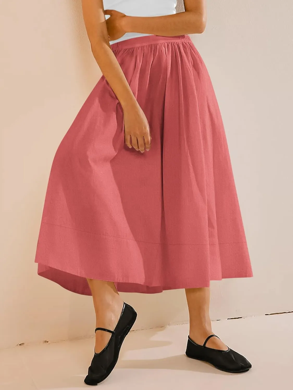 Yousify Womens A-Line Midi Skirts Casual Elastic High Waist Flowy Swing Pleated Beach Boho Long Skirt with Pocket