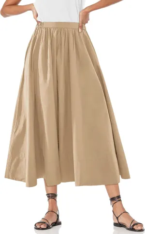 Yousify Womens A-Line Midi Skirts Casual Elastic High Waist Flowy Swing Pleated Beach Boho Long Skirt with Pocket