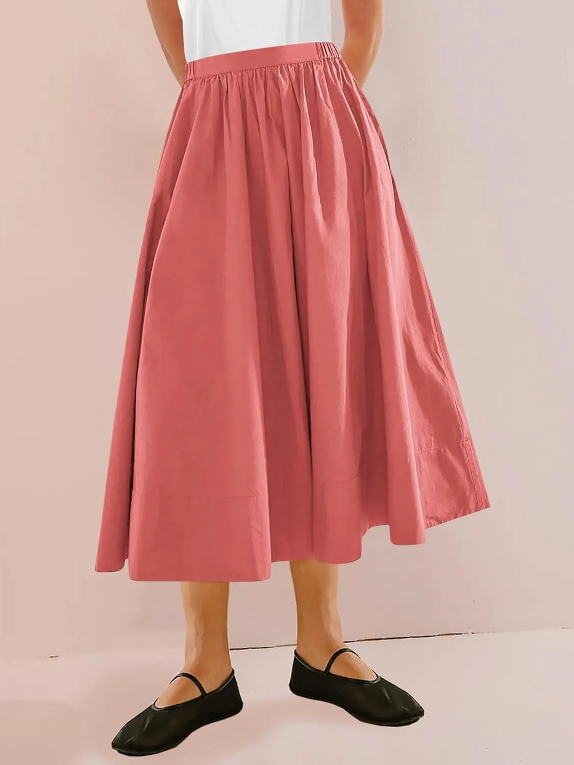 Yousify Womens A-Line Midi Skirts Casual Elastic High Waist Flowy Swing Pleated Beach Boho Long Skirt with Pocket