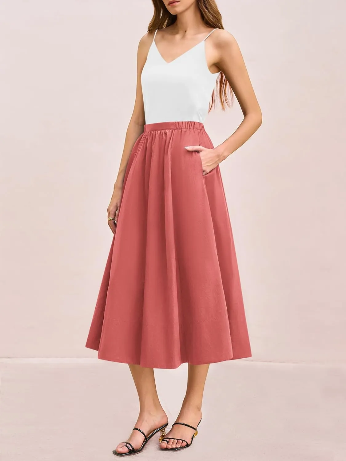 Yousify Womens A-Line Midi Skirts Casual Elastic High Waist Flowy Swing Pleated Beach Boho Long Skirt with Pocket