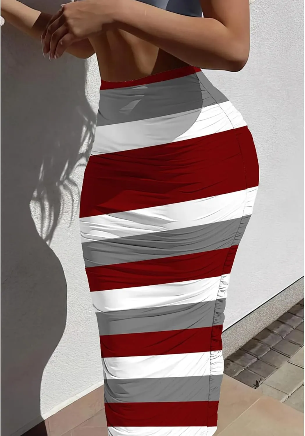 Yuopeid Women's Summer Bodycon Pullover Long Skirts Fashion Striped Printed Slim Fit Cocktail Club Party Midi Skirts