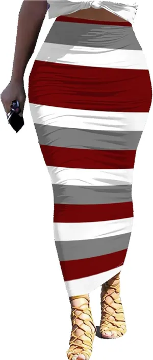 Yuopeid Women's Summer Bodycon Pullover Long Skirts Fashion Striped Printed Slim Fit Cocktail Club Party Midi Skirts