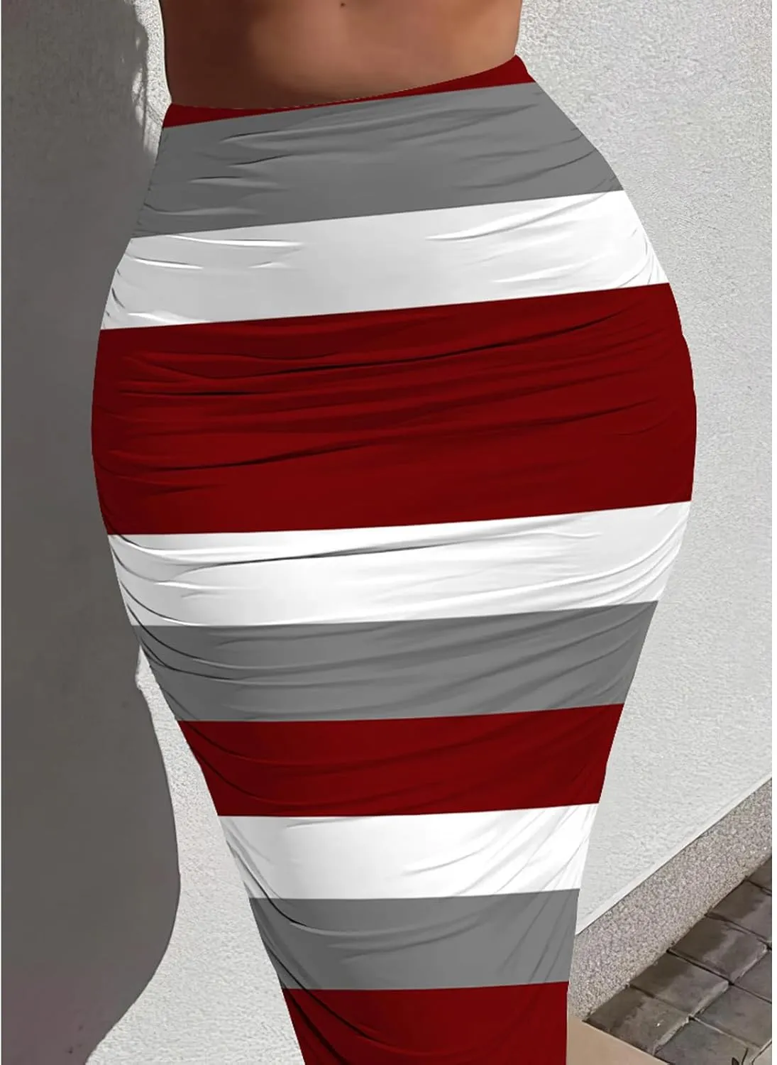 Yuopeid Women's Summer Bodycon Pullover Long Skirts Fashion Striped Printed Slim Fit Cocktail Club Party Midi Skirts