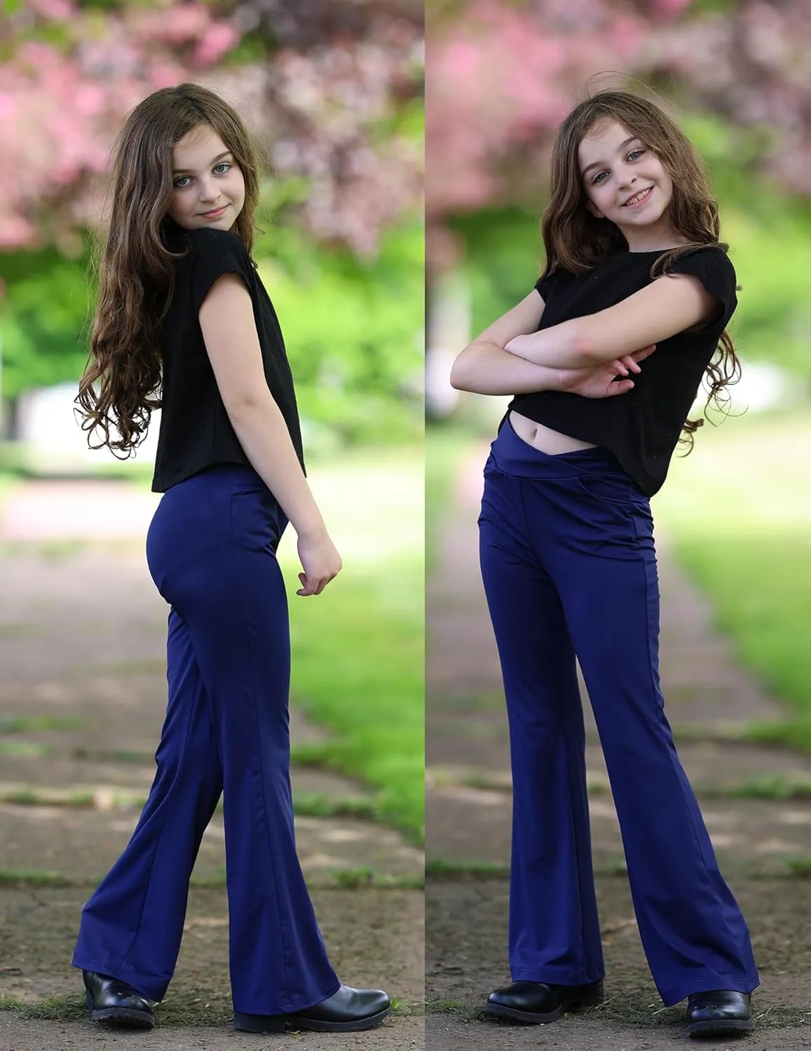 Zaclotre Girls Flare Leggings High Waisted V Crossover Casual Yoga Bell Bottoms with Pockets Pants for Kid