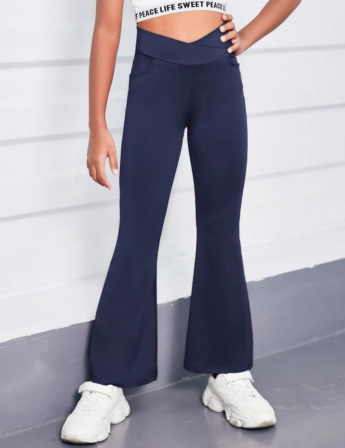Zaclotre Girls Flare Leggings High Waisted V Crossover Casual Yoga Bell Bottoms with Pockets Pants for Kid