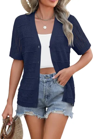 Zeagoo Women's 2025 Summer Short Sleeve Crochet Cardigan V Neck Cropped Lightweight Button up Bolero Shrug Sweater